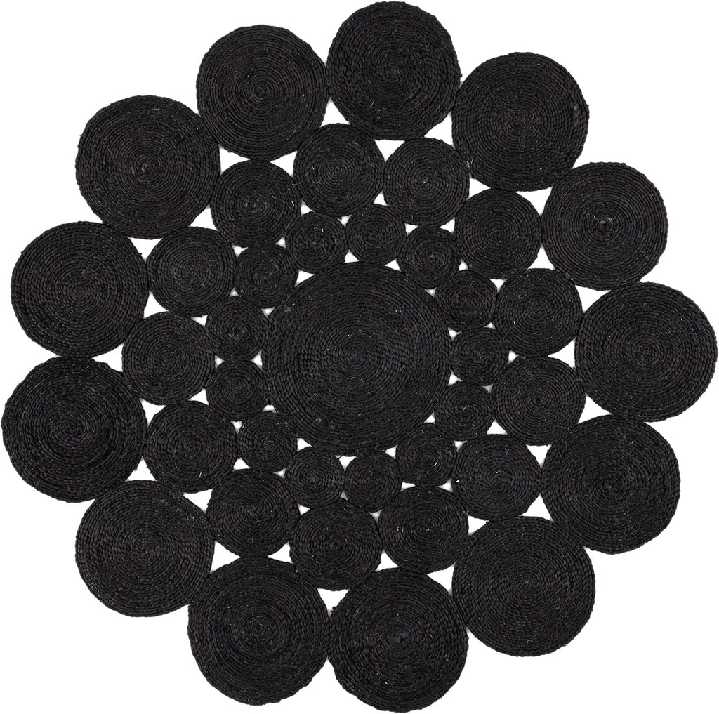 Round Rug — 4-foot round design in a black tone. Hand-woven to capture the rustic charm of farmhouse country style. Perfectly suited for placement in high-traffic areas such as living rooms and bedrooms.