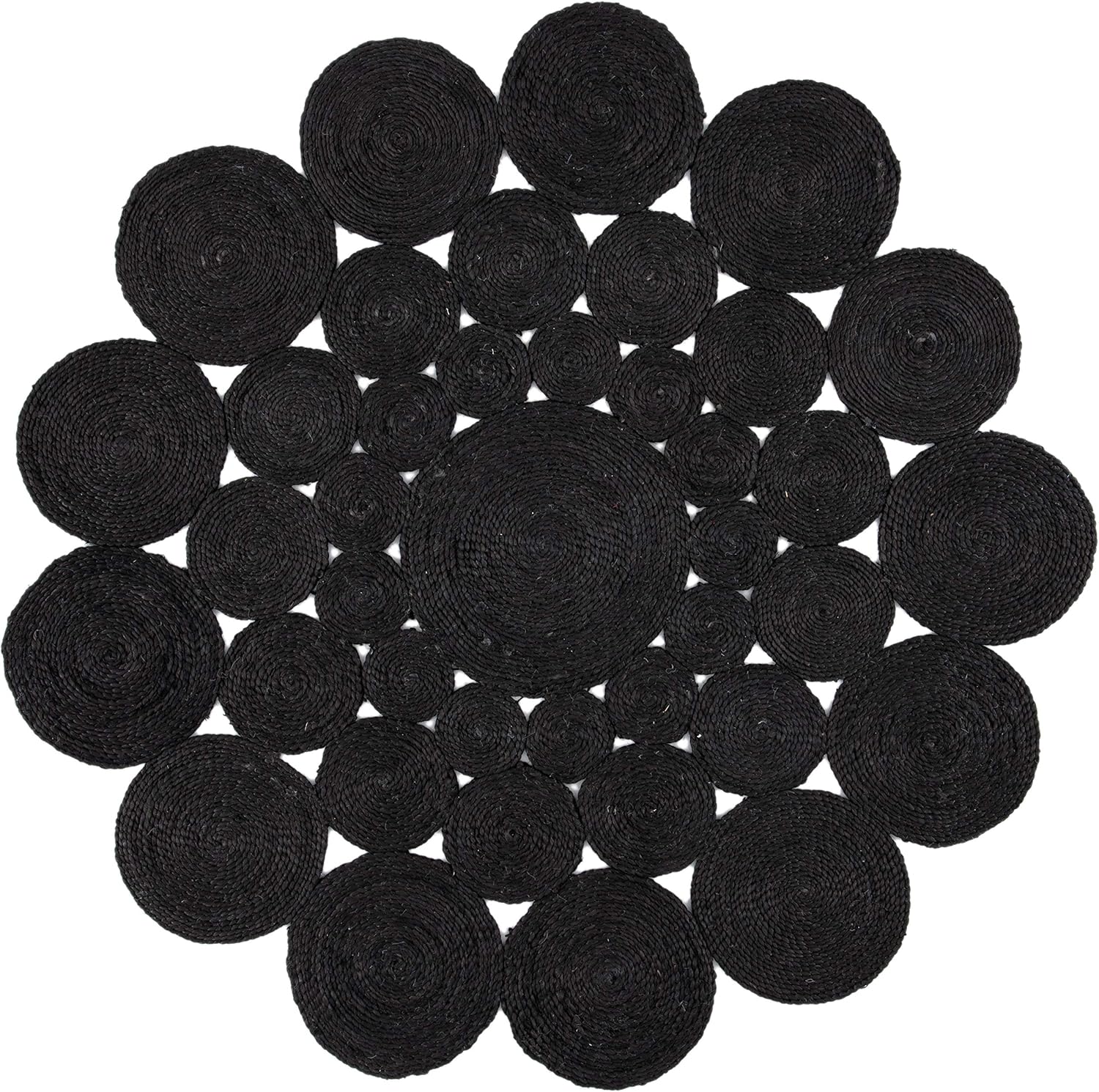 Round Rug — 4-foot round design in a black tone. Hand-woven to capture the rustic charm of farmhouse country style. Perfectly suited for placement in high-traffic areas such as living rooms and bedrooms.