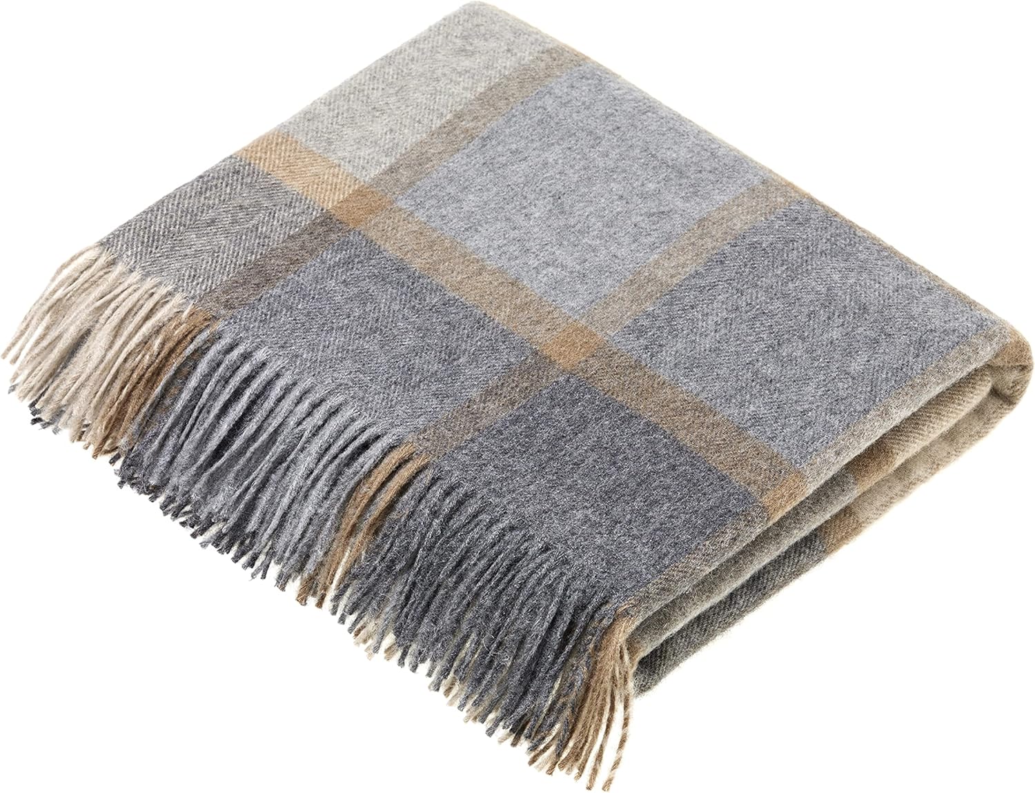 Wool Plaid Throw Blanket, Merino Lambswool, Block Windowpane Beige Grey, Made in UK