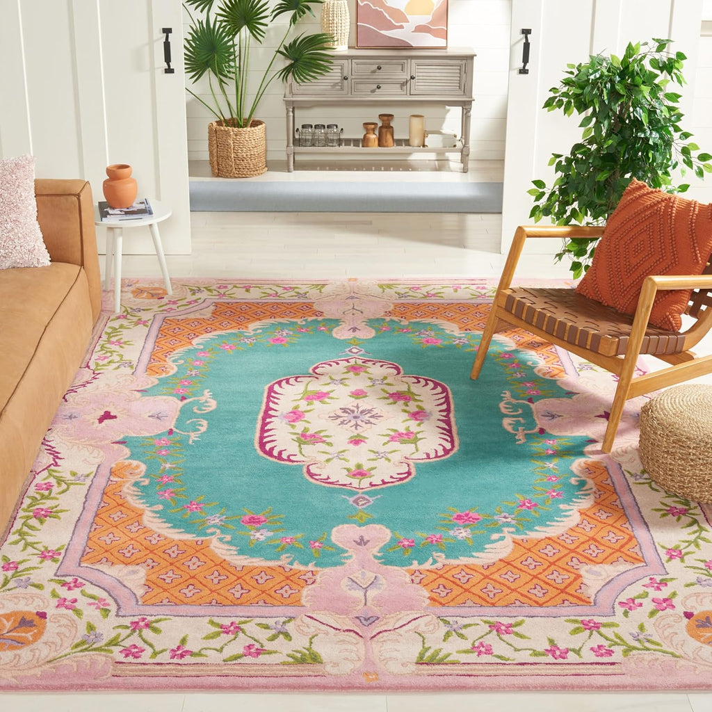 Hand-Woven Wool Rug (8x10 ft) | Blue & Pink Color Scheme — Circular Pattern — Suitable for: Living Room, Bedroom, Study
