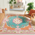 Hand-Woven Wool Rug (8x10 ft) | Blue & Pink Color Scheme — Circular Pattern — Suitable for: Living Room, Bedroom, Study