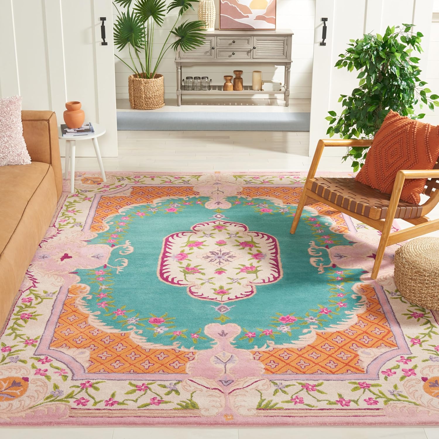 Hand-Woven Wool Rug (8x10 ft) | Blue & Pink Color Scheme — Circular Pattern — Suitable for: Living Room, Bedroom, Study