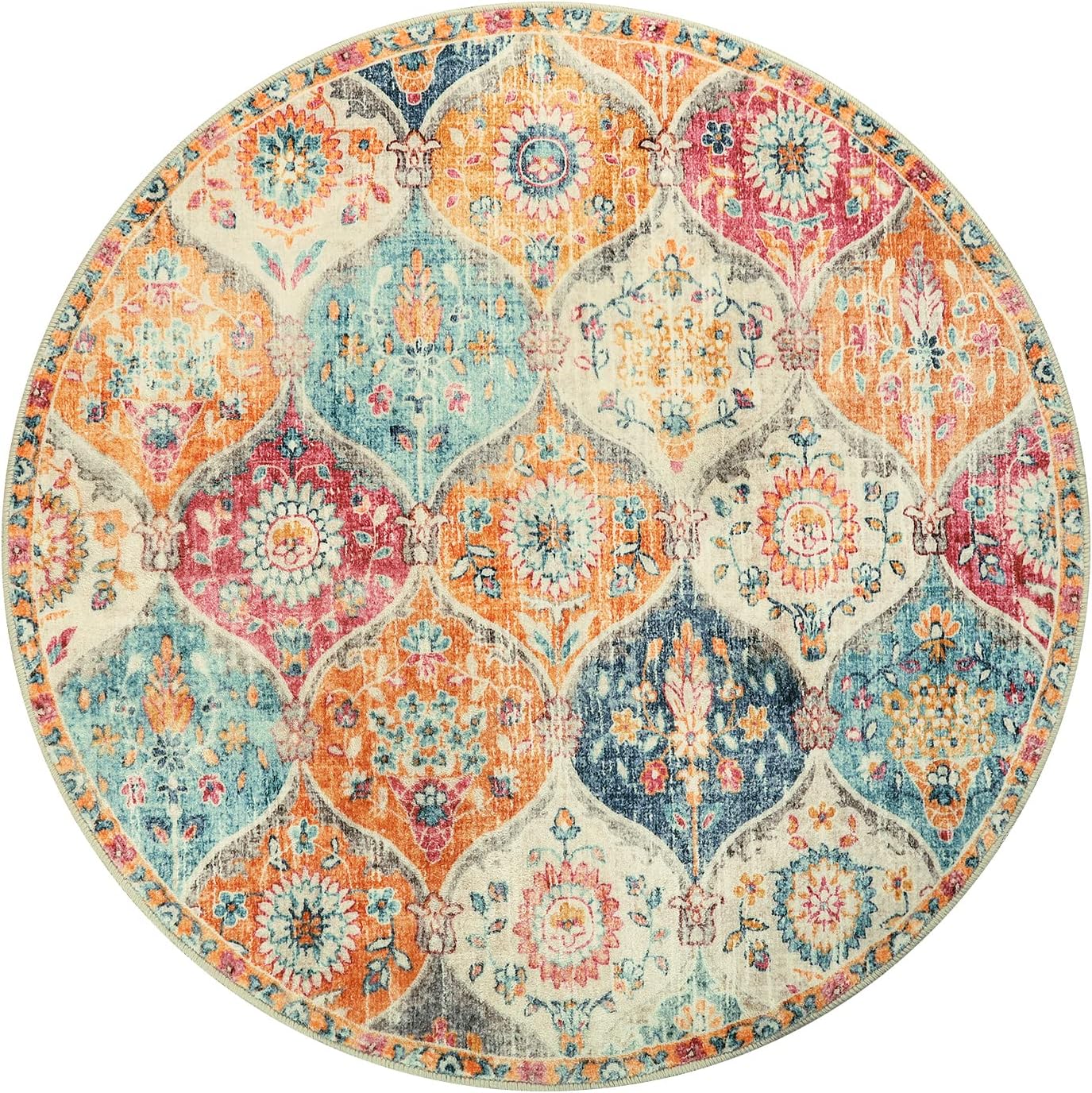 Moroccan Trellis Round Area Rugs, Washable Small Round Rug 3ft Non-Slip, Soft Vintage Ultra-Thin Circle Carpet for Bedroom Entryway Kitchen Laundry Bathroom, Cream/Multi
