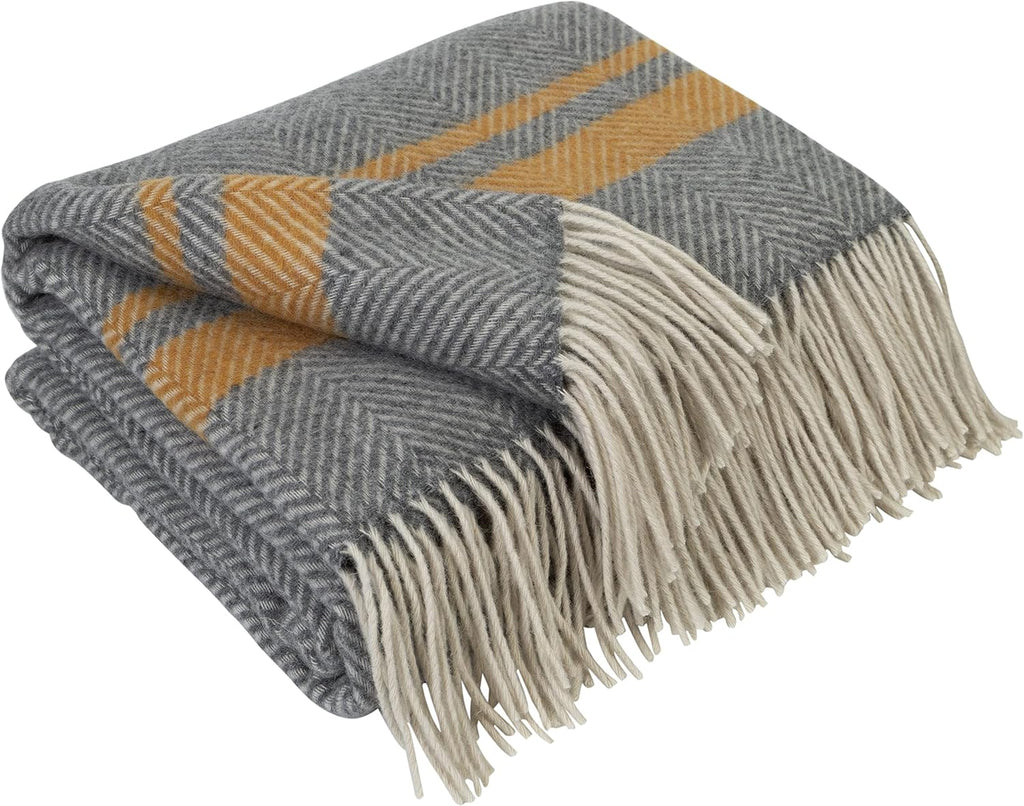 Merino Wool Blanket - Warm Throw for Cold Weather, Warmest Travel Outdoor Camping Blankets, Picnic Army and Military Throws, Comforter Soft & Cozy (55 x 79 Grey with Mustard and White Stripes)