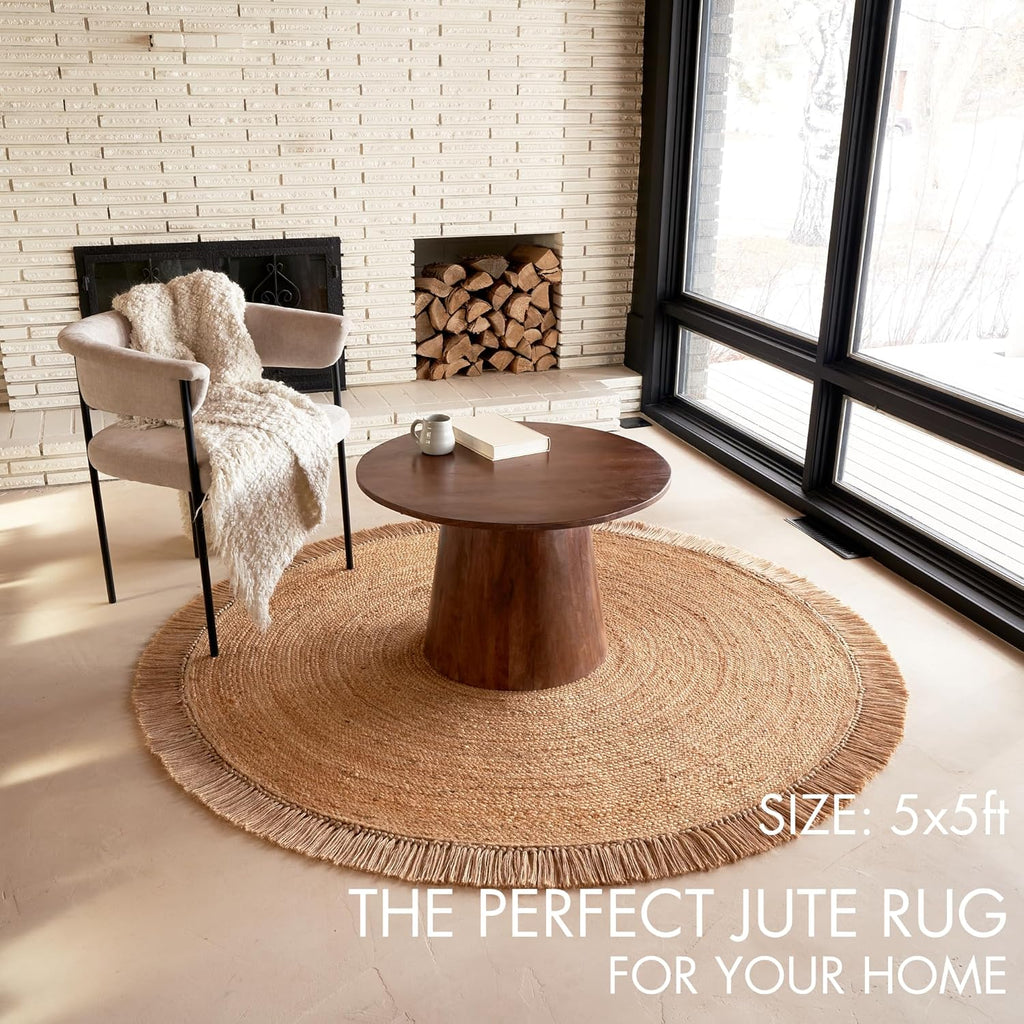 Enhance the beauty of your home—this natural jute round rug (5x5 ft) is the perfect fit for entryways, kitchens, or living room spaces. Its modern woven circular design significantly elevates the aesthetic of any bohemian-style home decor.