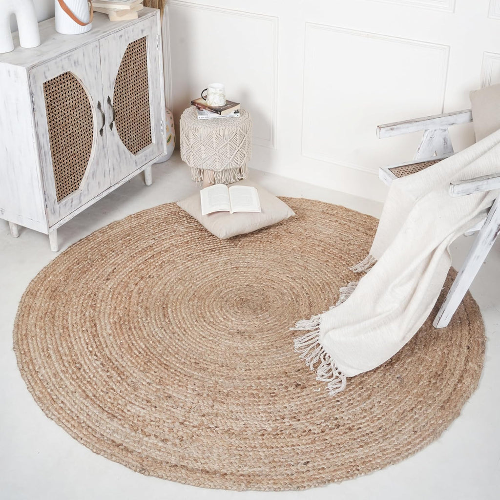 Hand-woven Round Jute Rug (3-Foot) — Reversible design, ideal for rustic-style homes; suitable for bedrooms, kitchens, and living rooms