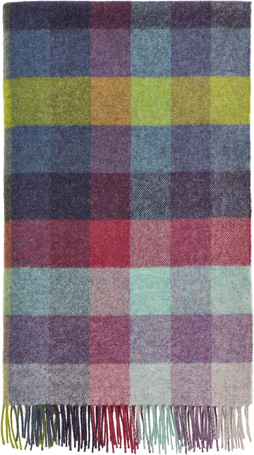 Wool Plaid Throw Blanket, Merino Lambswool, Block Windowpane Beige Grey, Made in UK