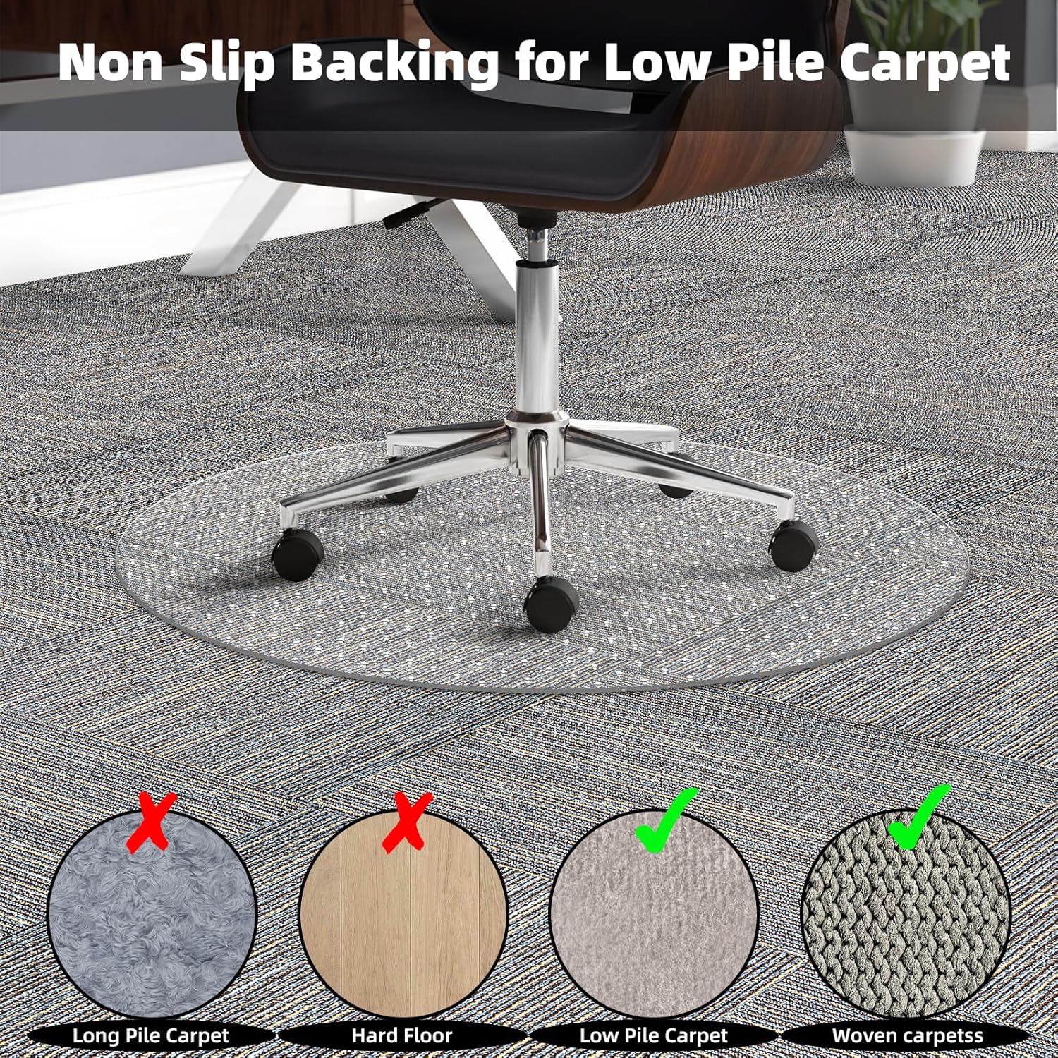 Office Chair Mat Carpet Protector: 36" x 36" Plastic Heavy Duty Computer Desk Mats with Lip for Low Flat and No Pile Carpeted Floor - Clear Rug Pad for Rolling Chairs Office Work Home Gaming Round