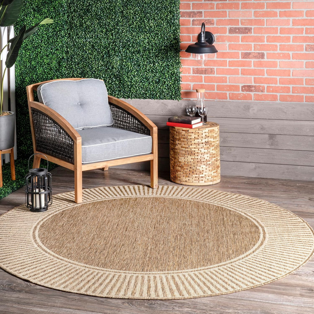 6'7" Round Outdoor Rug — Casual design style with striped trim; stain-resistant and durable; suitable for patios, balconies, bedrooms, living rooms, dining rooms, and bathrooms; Light Brown