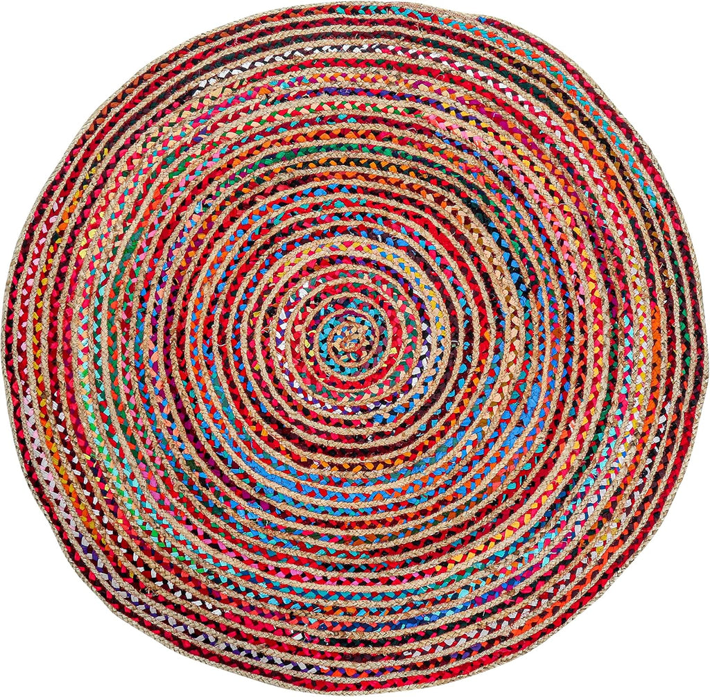 4-Foot Round Hand-woven Jute Rug — Colorful Bohemian-style rug; suitable for a variety of settings including living rooms, bedrooms, dining rooms, classrooms, hallways, kitchens, and offices