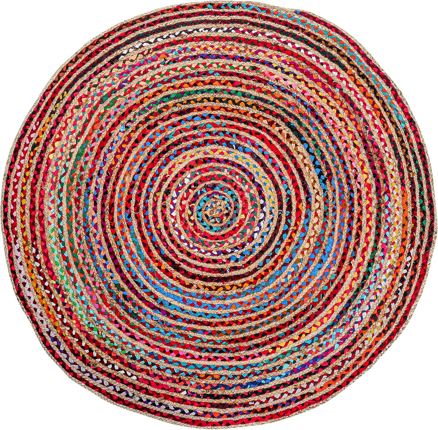 4-Foot Round Hand-woven Jute Rug — Colorful Bohemian-style rug; suitable for a variety of settings including living rooms, bedrooms, dining rooms, classrooms, hallways, kitchens, and offices