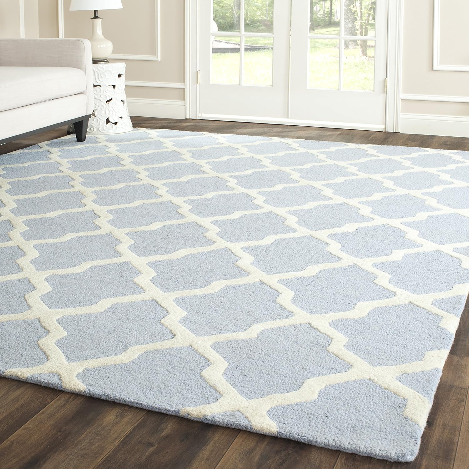 Handmade Wool Rug (8x10) | Light Blue & Ivory | Plaid Pattern | Suitable for: Living Room, Bedroom, Study