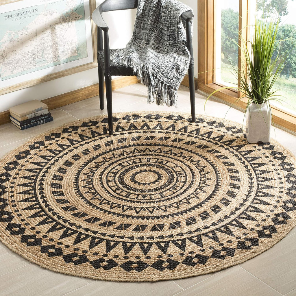 Round Rug—3-foot circular design in a black and white color scheme. This hand-woven jute rug features a bohemian-style mandala pattern, making it perfectly suited for high-traffic areas such as living rooms and bedrooms.