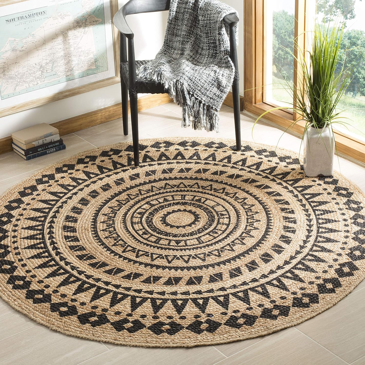 Round Rug—3-foot circular design in a black and white color scheme. This hand-woven jute rug features a bohemian-style mandala pattern, making it perfectly suited for high-traffic areas such as living rooms and bedrooms.