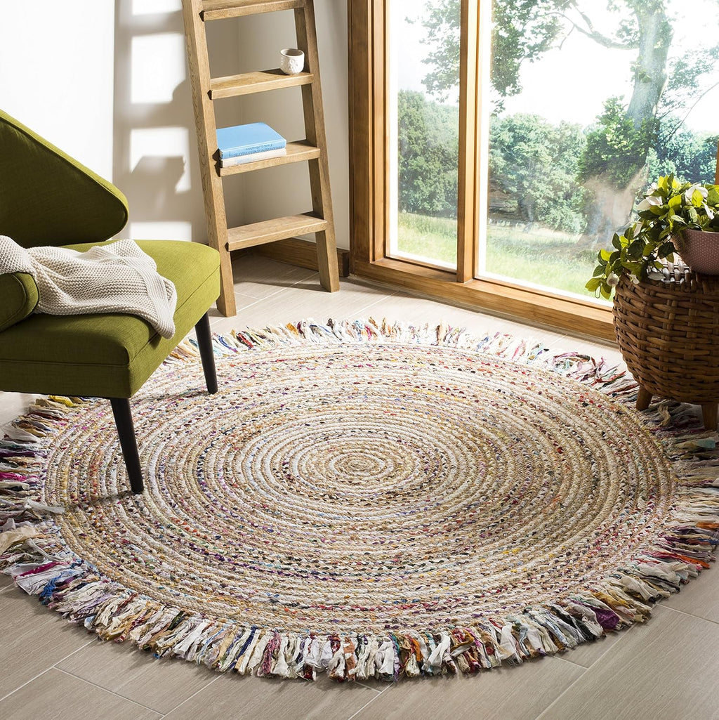Round Rug — 4-Foot Round, Ivory & Light Beige Color Block; hand-woven blend of jute and cotton, featuring Bohemian-style tassels; perfect for high-traffic areas such as living rooms and bedrooms