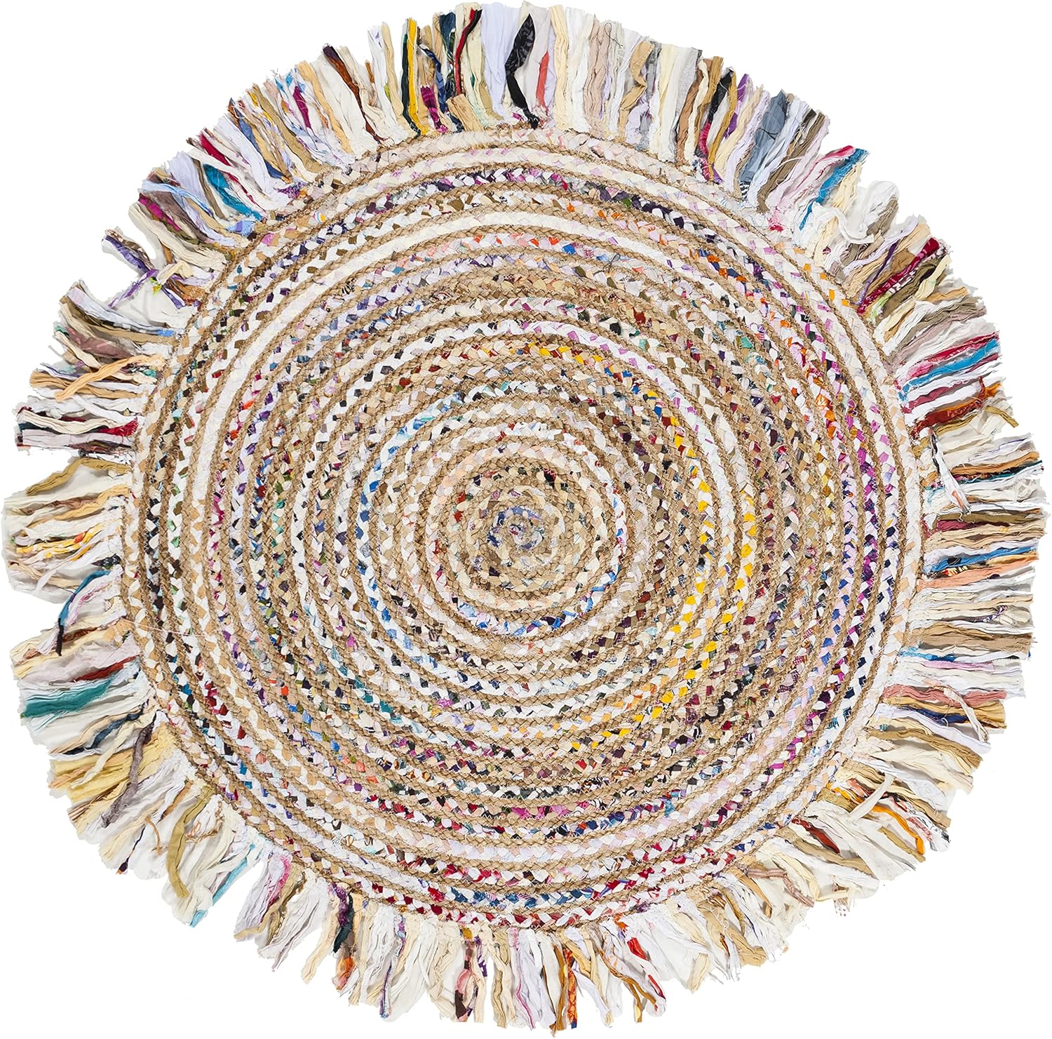 Round Rug — 4-Foot Round, Ivory & Light Beige Color Block; hand-woven blend of jute and cotton, featuring Bohemian-style tassels; perfect for high-traffic areas such as living rooms and bedrooms