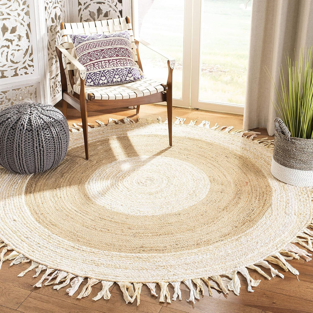 Round Rug — 4-Foot Round, Beige & Ivory Color Block; hand-woven blend of jute and cotton, featuring Bohemian-style tassels; perfect for high-traffic areas such as living rooms and bedrooms