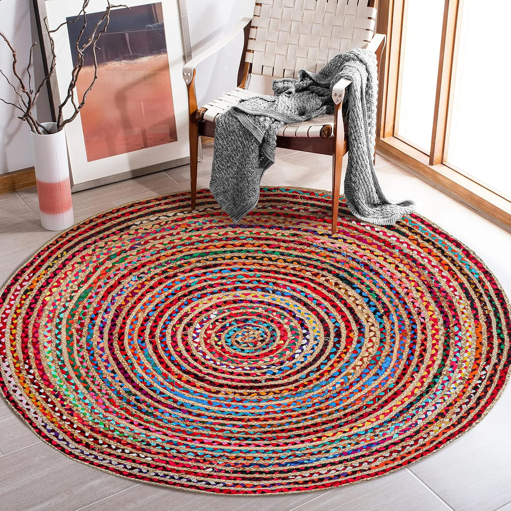4-Foot Round Hand-woven Jute Rug — Colorful Bohemian-style rug; suitable for a variety of settings including living rooms, bedrooms, dining rooms, classrooms, hallways, kitchens, and offices