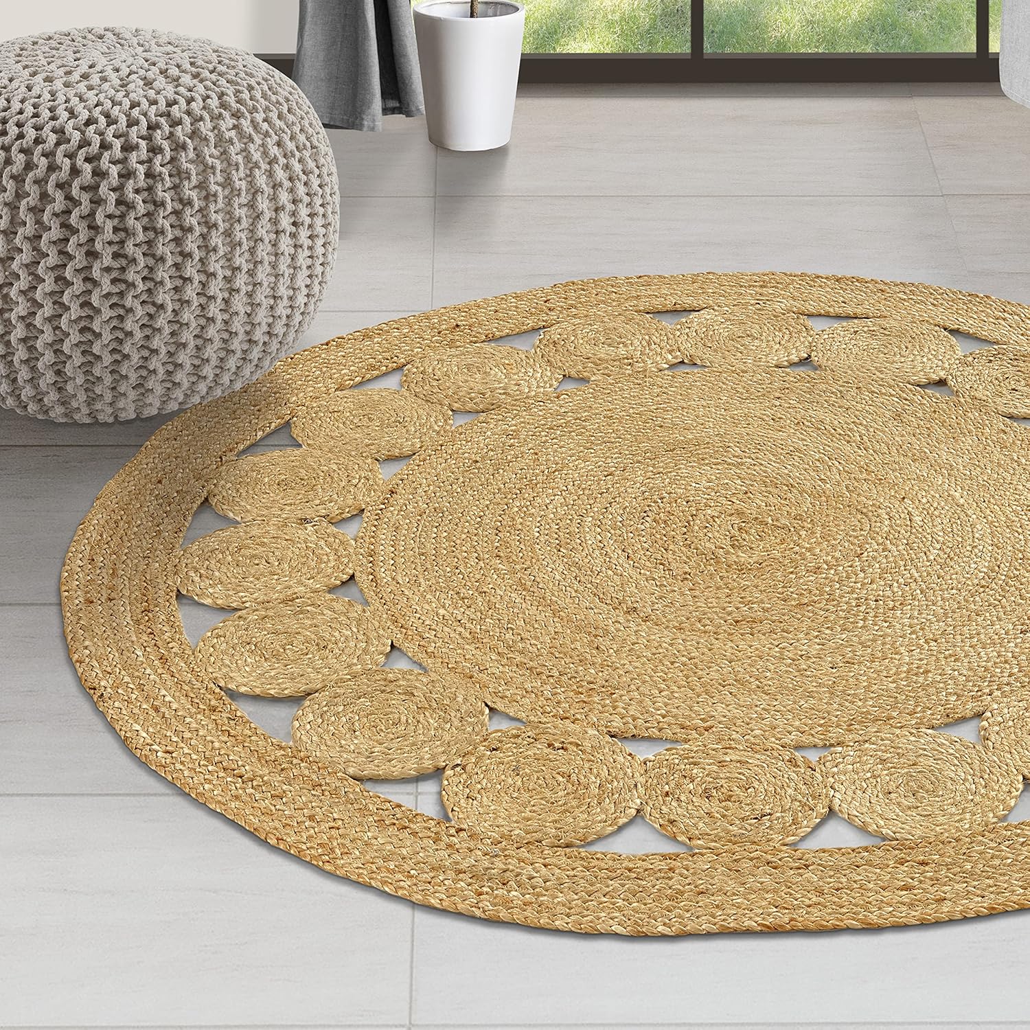 Round Jute Rug (3-Foot) — Hand-woven; combines Bohemian flair with rustic charm; soft texture, reversible design; suitable for indoor entryways, kitchens, bedrooms, living rooms, and hallways (3-Foot Round)